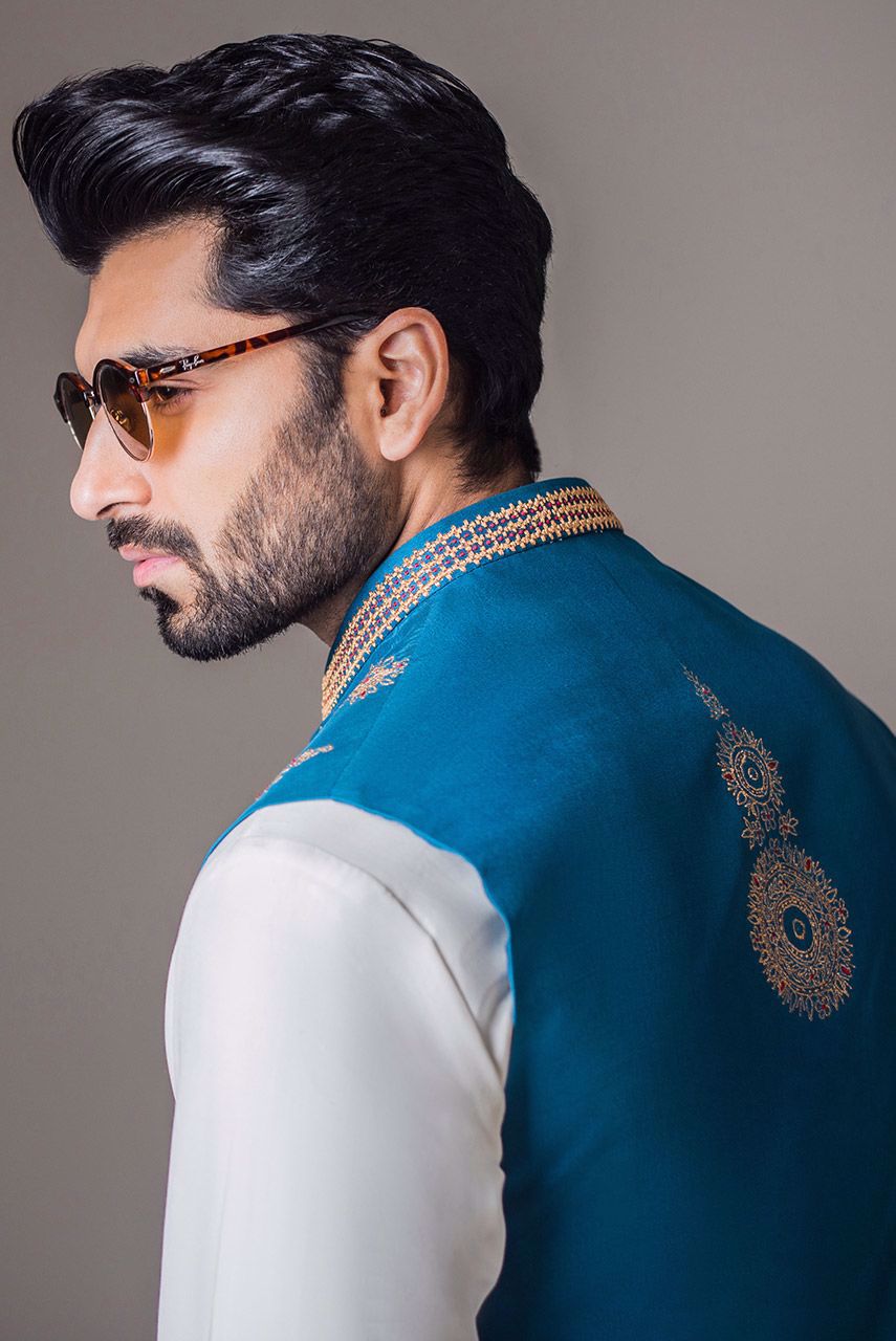 Teal Embroidered Raw Silk Waistcoat (2-Piece) - Image 3