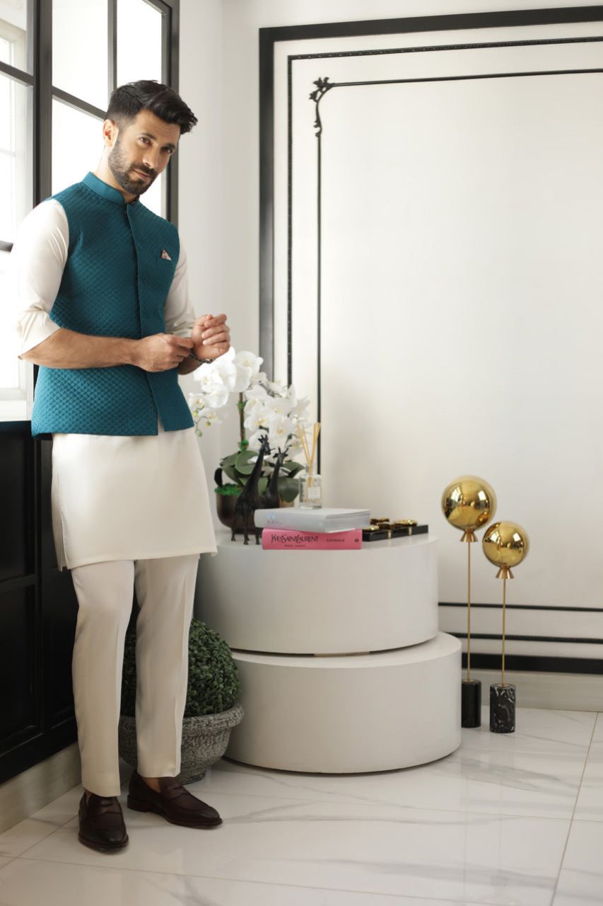 Teal Kantha Embroidered Raw Silk Waistcoat Kurta (3-Piece) - Image 1