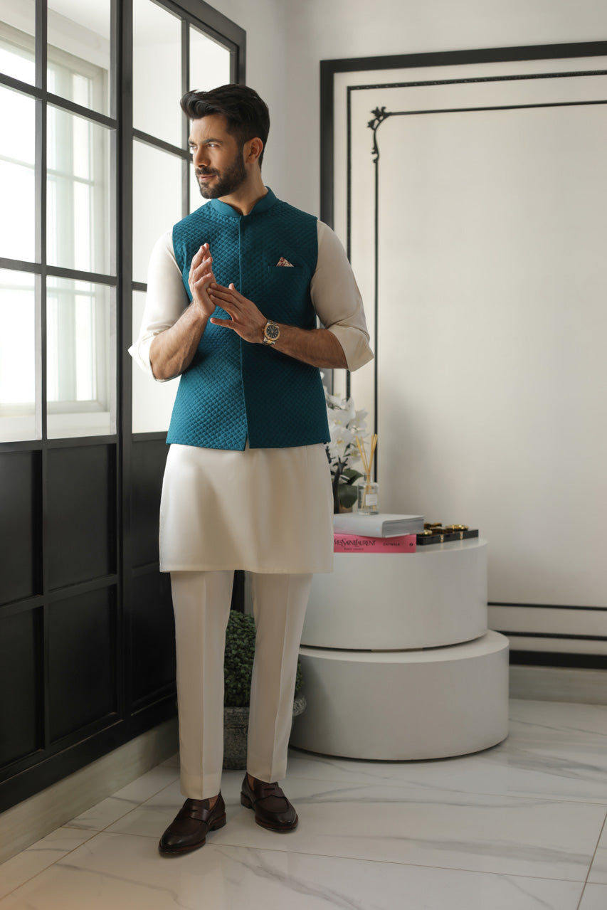 Teal Kantha Embroidered Raw Silk Waistcoat Kurta (3-Piece) - Image 2