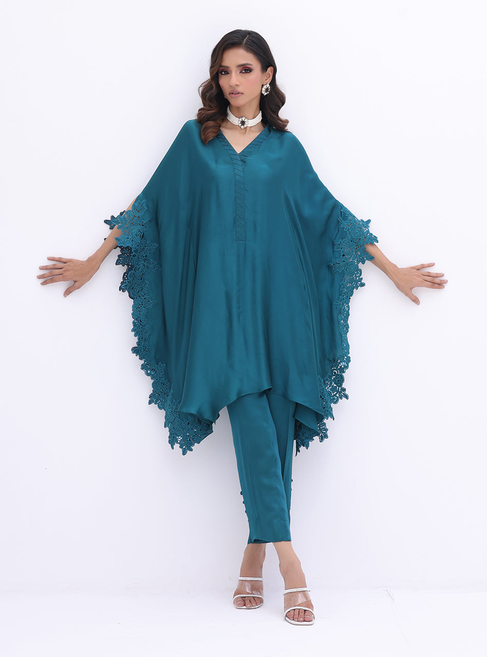 Teal Embroidered Charmeuse Silk Cape Set (2-Piece) - Image 1