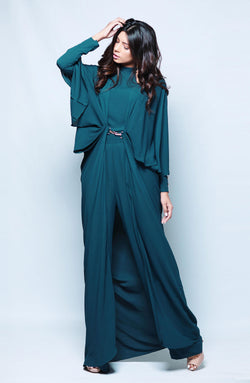 Pakistani Teal Crepe Cape Dress with Metal Accent (1-Pc) - Image 1