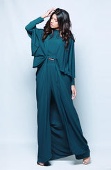 Pakistani Teal Crepe Cape Dress with Metal Accent (1-Pc) - Image 2