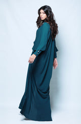Pakistani Teal Crepe Cape Dress with Metal Accent (1-Pc) - Image 3