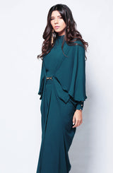 Pakistani Teal Crepe Cape Dress with Metal Accent (1-Pc) - Image 4