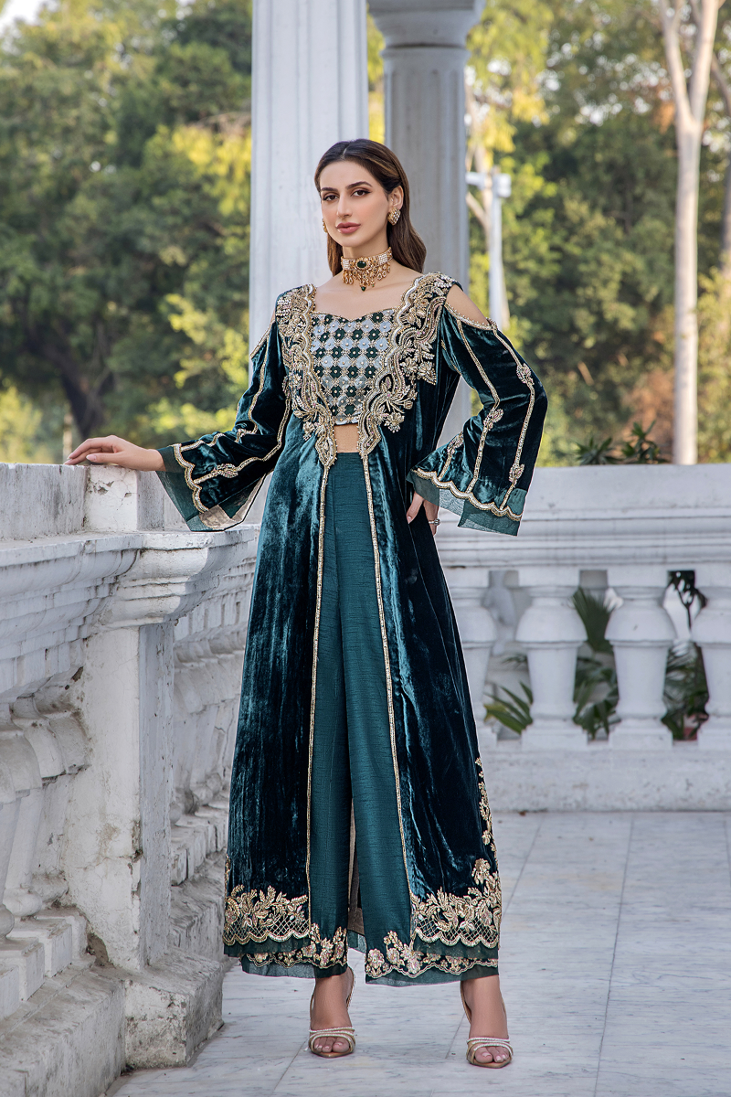 Pakistani Teal Gold Embroidered Velvet Cape Dress (3-Piece) - Image 1