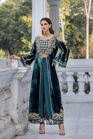 Pakistani Teal Gold Embroidered Velvet Cape Dress (3-Piece) - Image 2