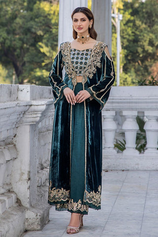 Pakistani Teal Gold Embroidered Velvet Cape Dress (3-Piece) - Image 3