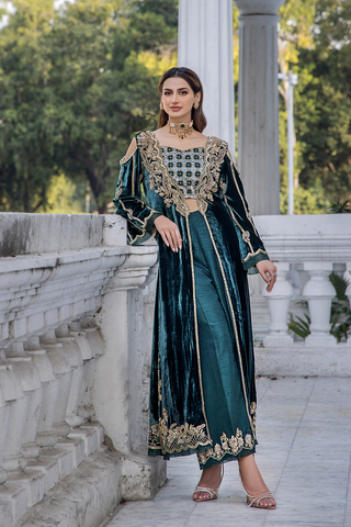 Pakistani Teal Gold Embroidered Velvet Cape Dress (3-Piece) - Image 4