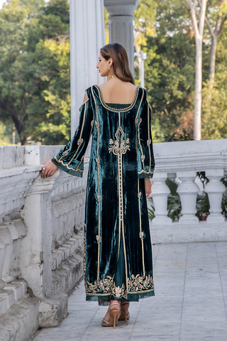 Pakistani Teal Gold Embroidered Velvet Cape Dress (3-Piece) - Image 5