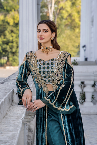 Pakistani Teal Gold Embroidered Velvet Cape Dress (3-Piece) - Image 6