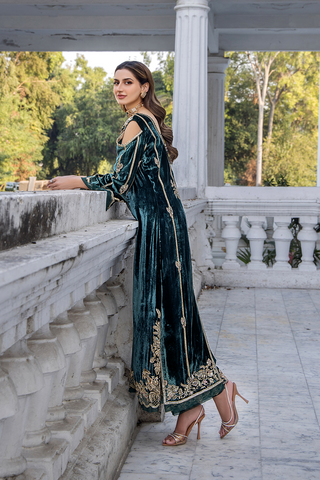 Pakistani Teal Gold Embroidered Velvet Cape Dress (3-Piece) - Image 7