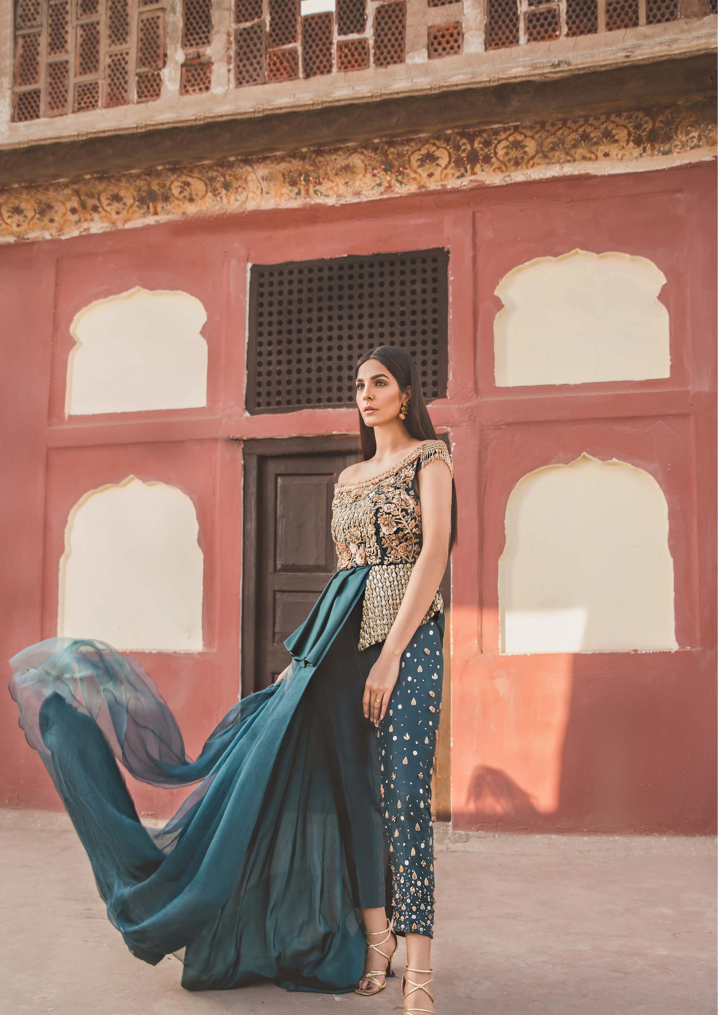 Pakistani Teal Embellished Raw Silk & Organza Ensemble (2-Piece) - Image 1