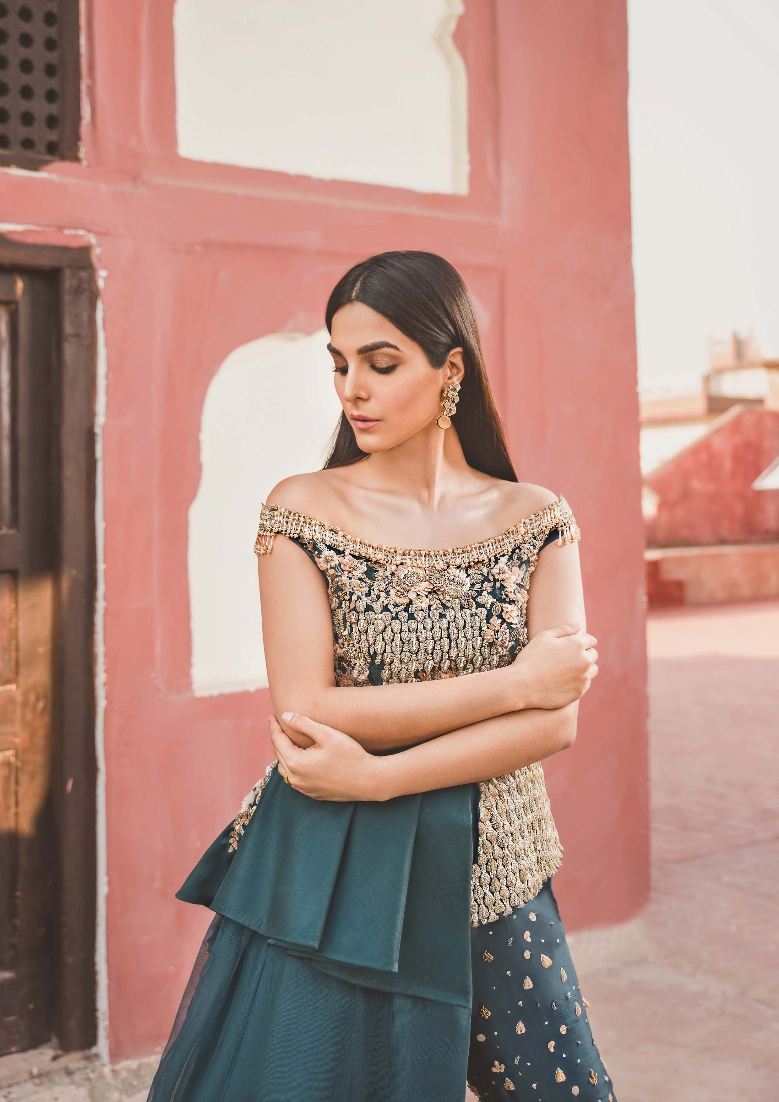 Pakistani Teal Embellished Raw Silk & Organza Ensemble (2-Piece) - Image 2