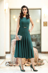 Pakistani Teal Double Georgette Fit-and-Flare Midi Dress (1-Pc) - Image 5