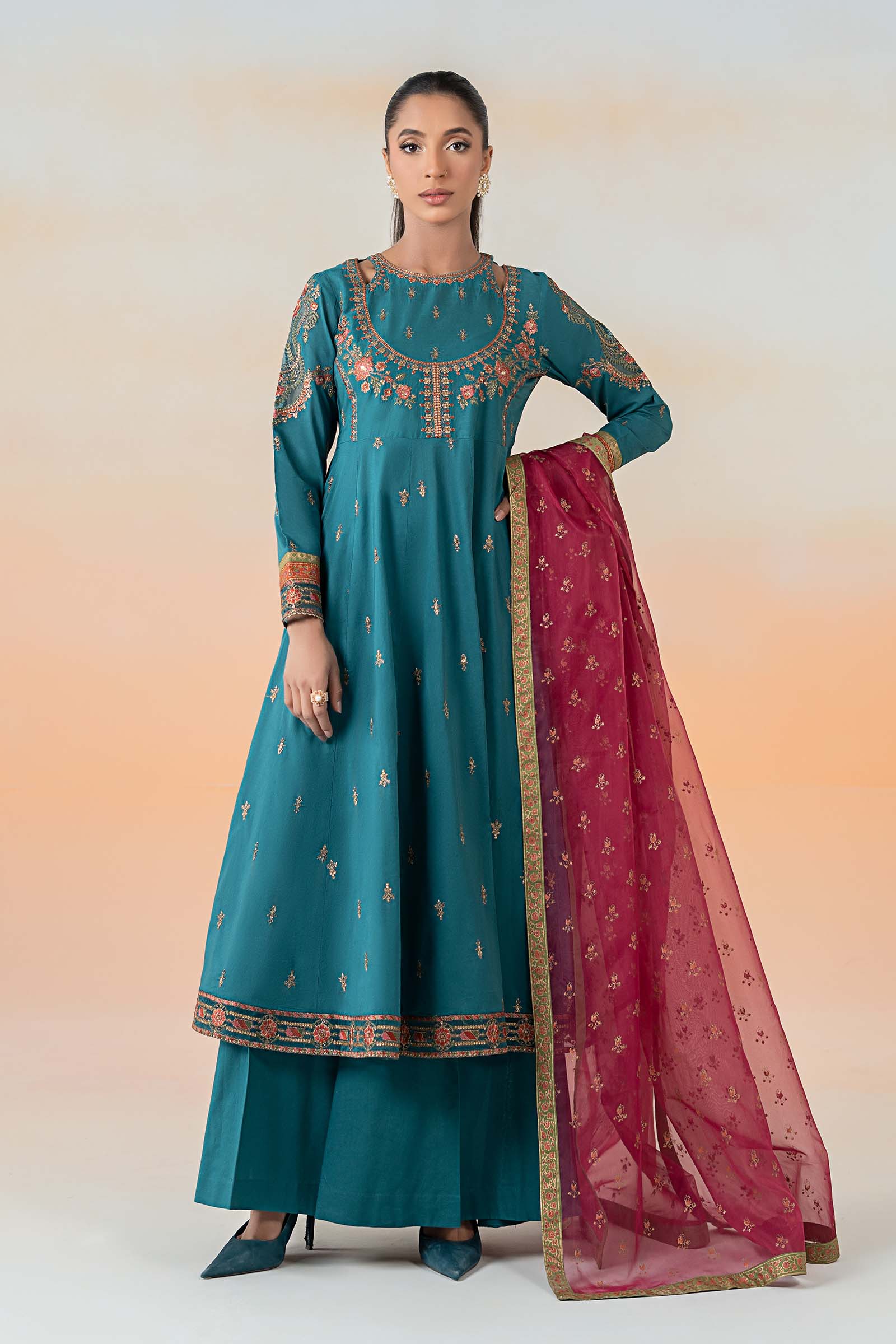 Teal Embroidered Lawn Frock (3-Piece) - Image 2