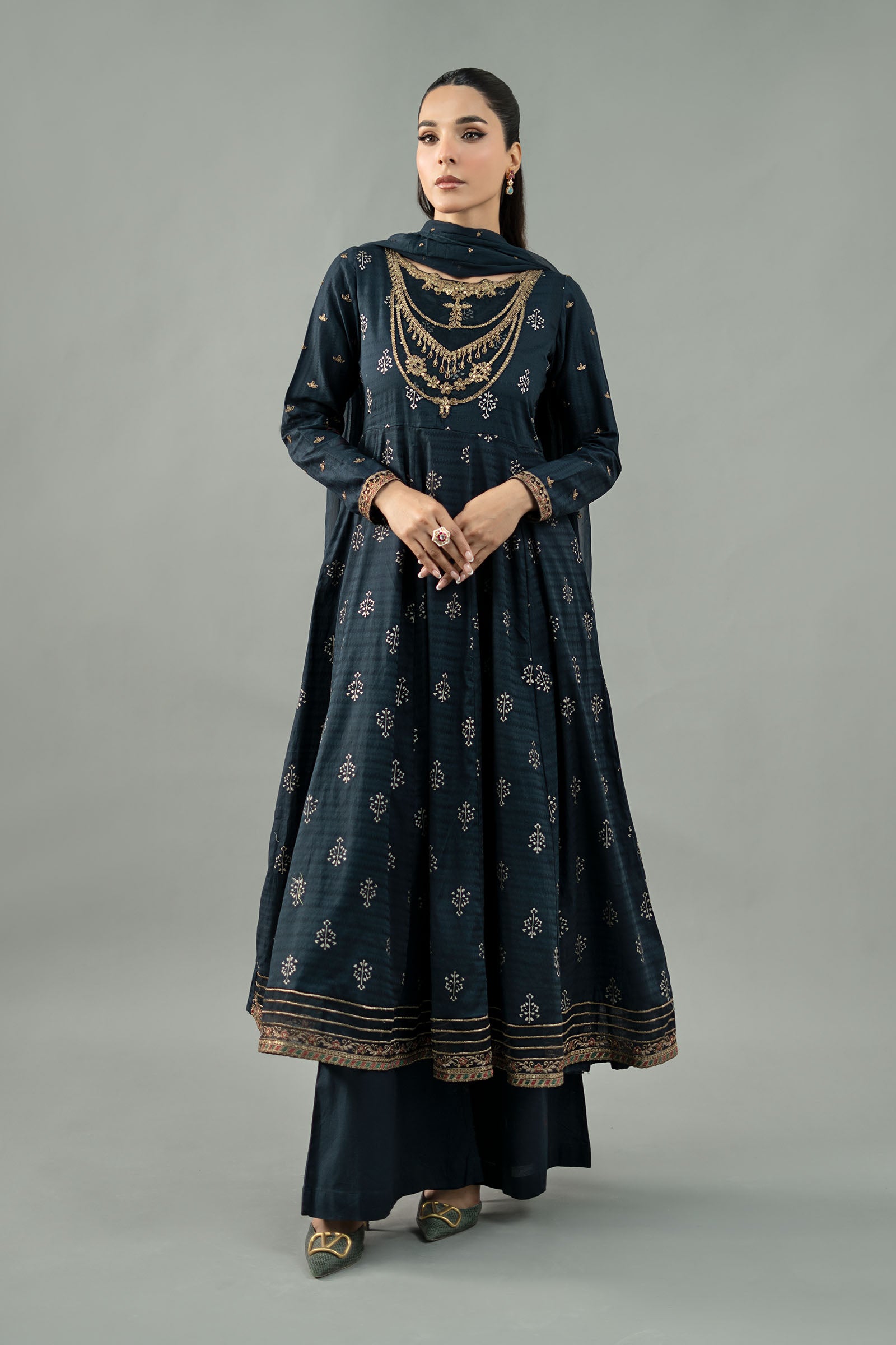 Pakistani Teal Blue Embroidered Lawn Frock (3-Piece) - Image 2