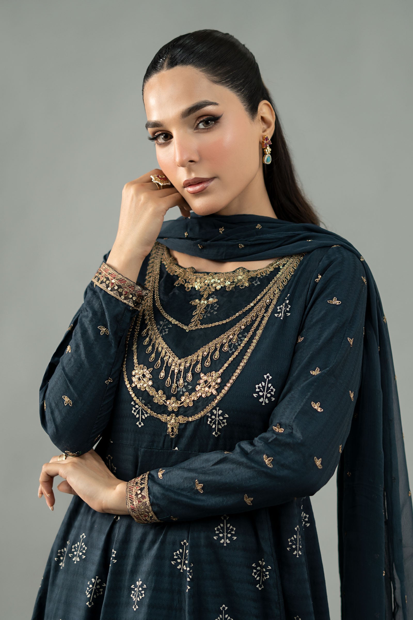Pakistani Teal Blue Embroidered Lawn Frock (3-Piece) - Image 3