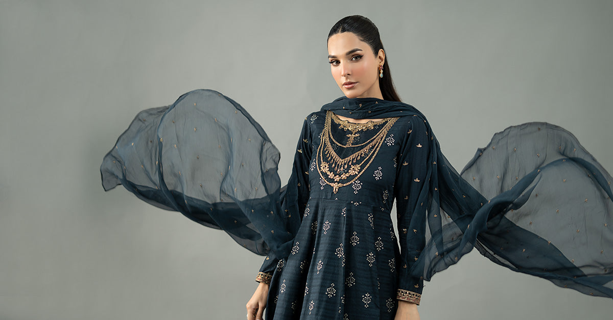 Pakistani Teal Blue Embroidered Lawn Frock (3-Piece) - Image 8