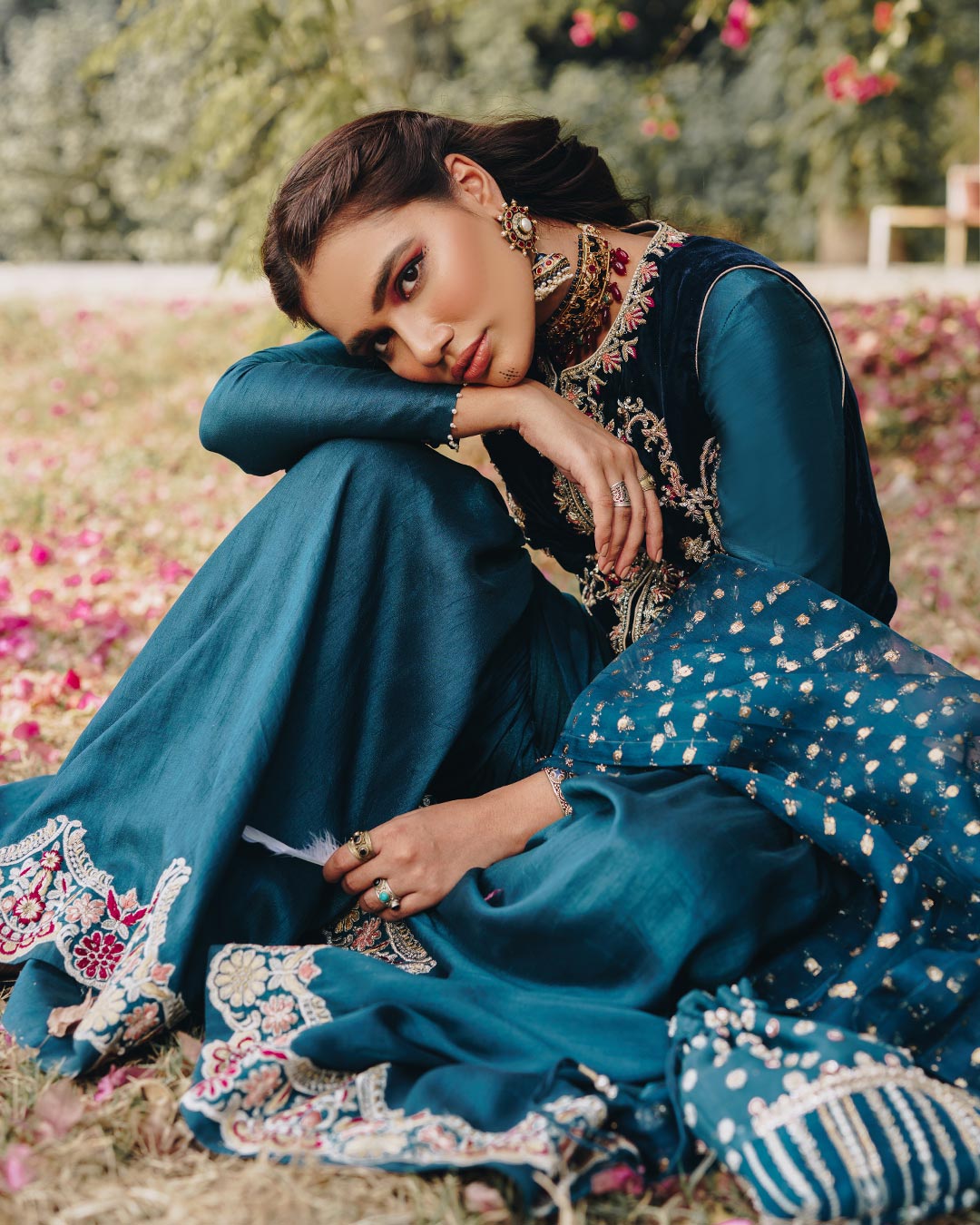 Teal Blue Embroidered Velvet Koti Gharara (3-Piece) - Image 5