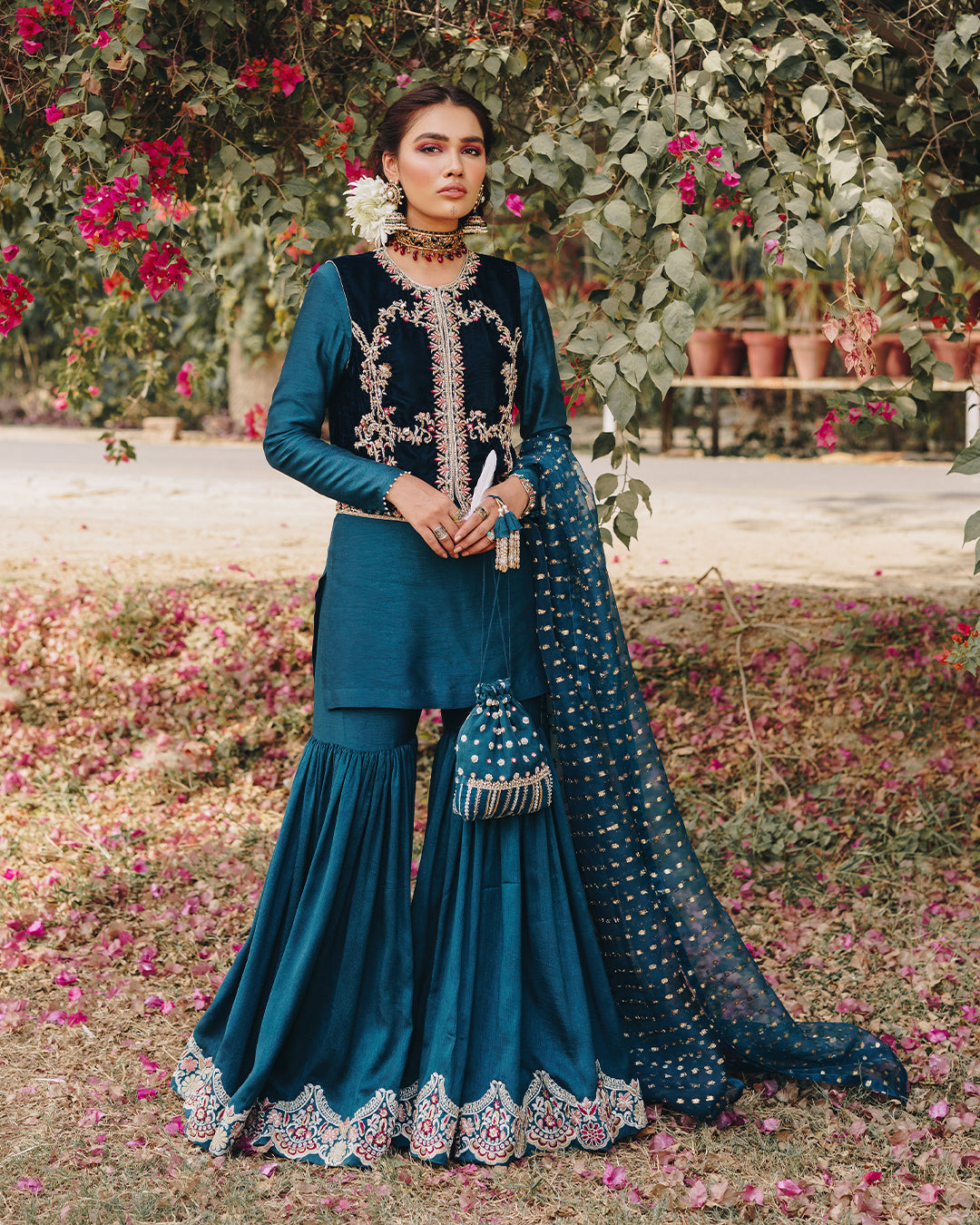 Pakistani Teal Blue Embroidered Velvet Koti Gharara (3-Piece) - Image 1