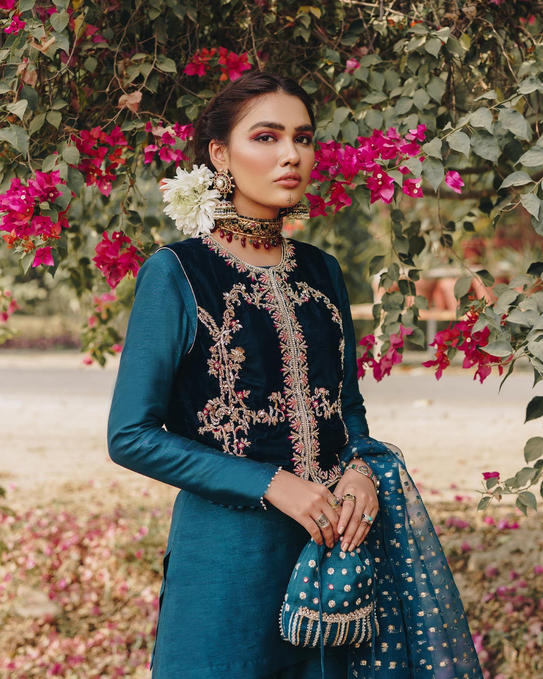 Pakistani Teal Blue Embroidered Velvet Koti Gharara (3-Piece) - Image 3
