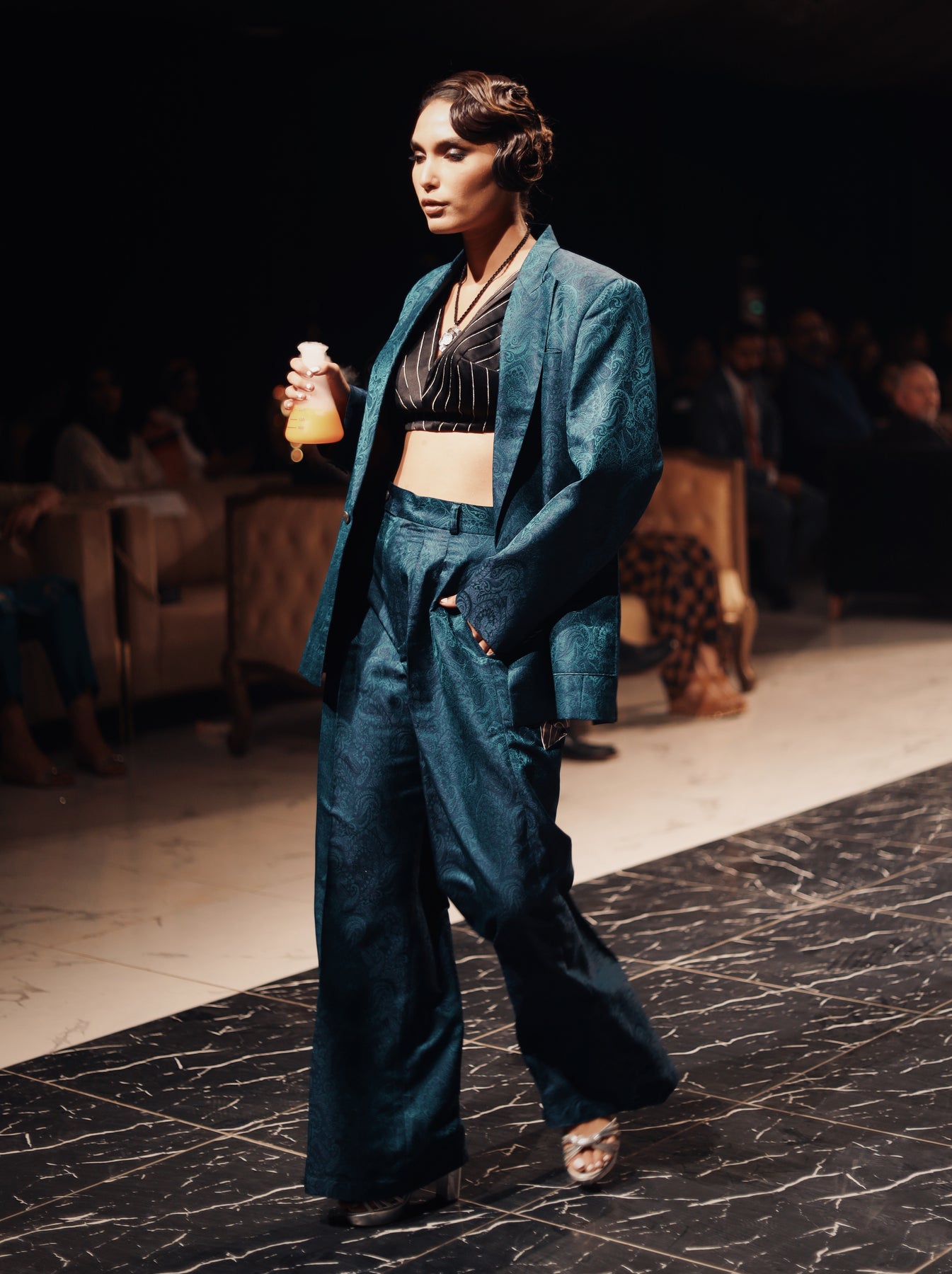 Pakistani Teal Blue Gold Thread Jamawar Jacket & Pants (3-Piece) - Image 2