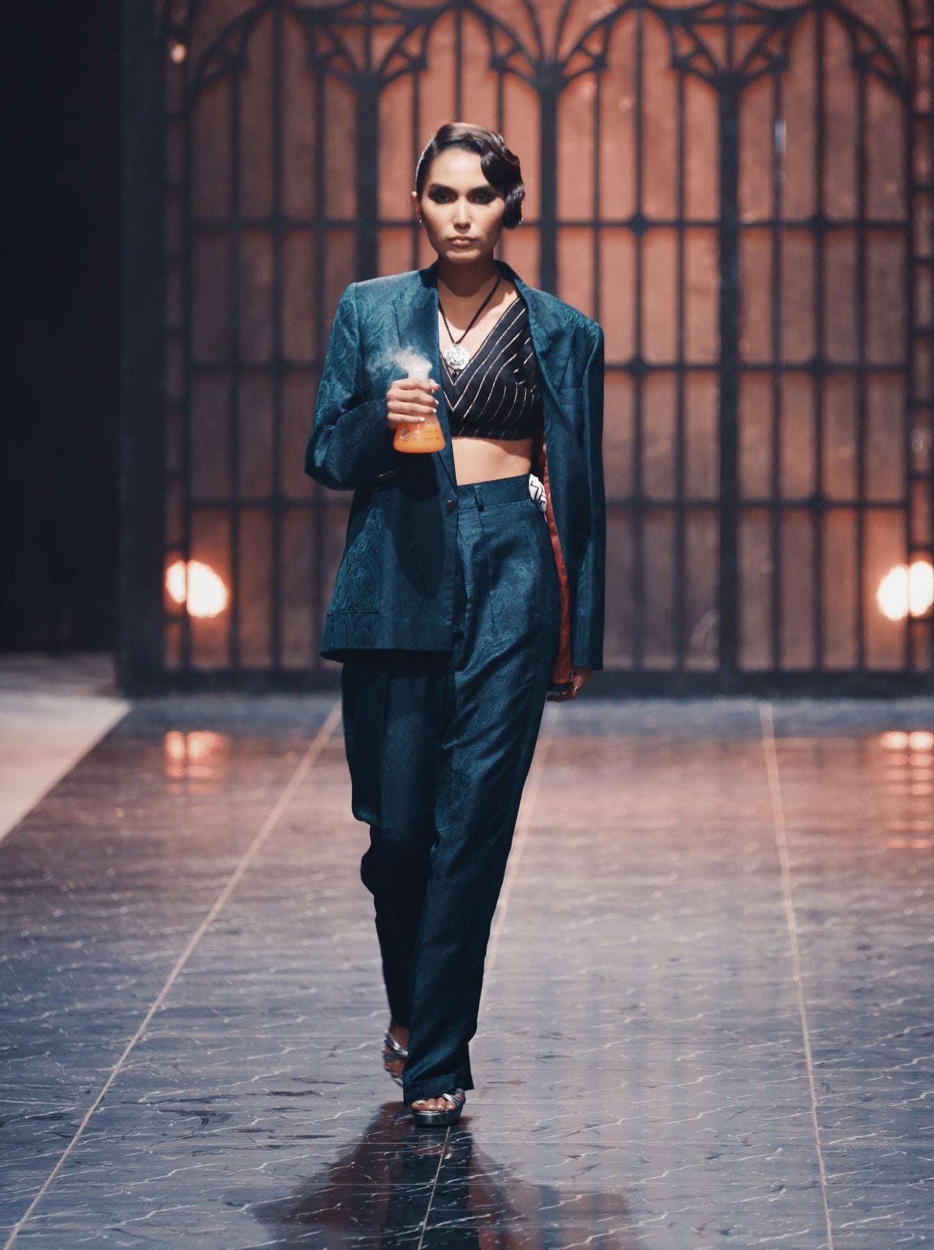 Pakistani Teal Blue Gold Thread Jamawar Jacket & Pants (3-Piece) - Image 3