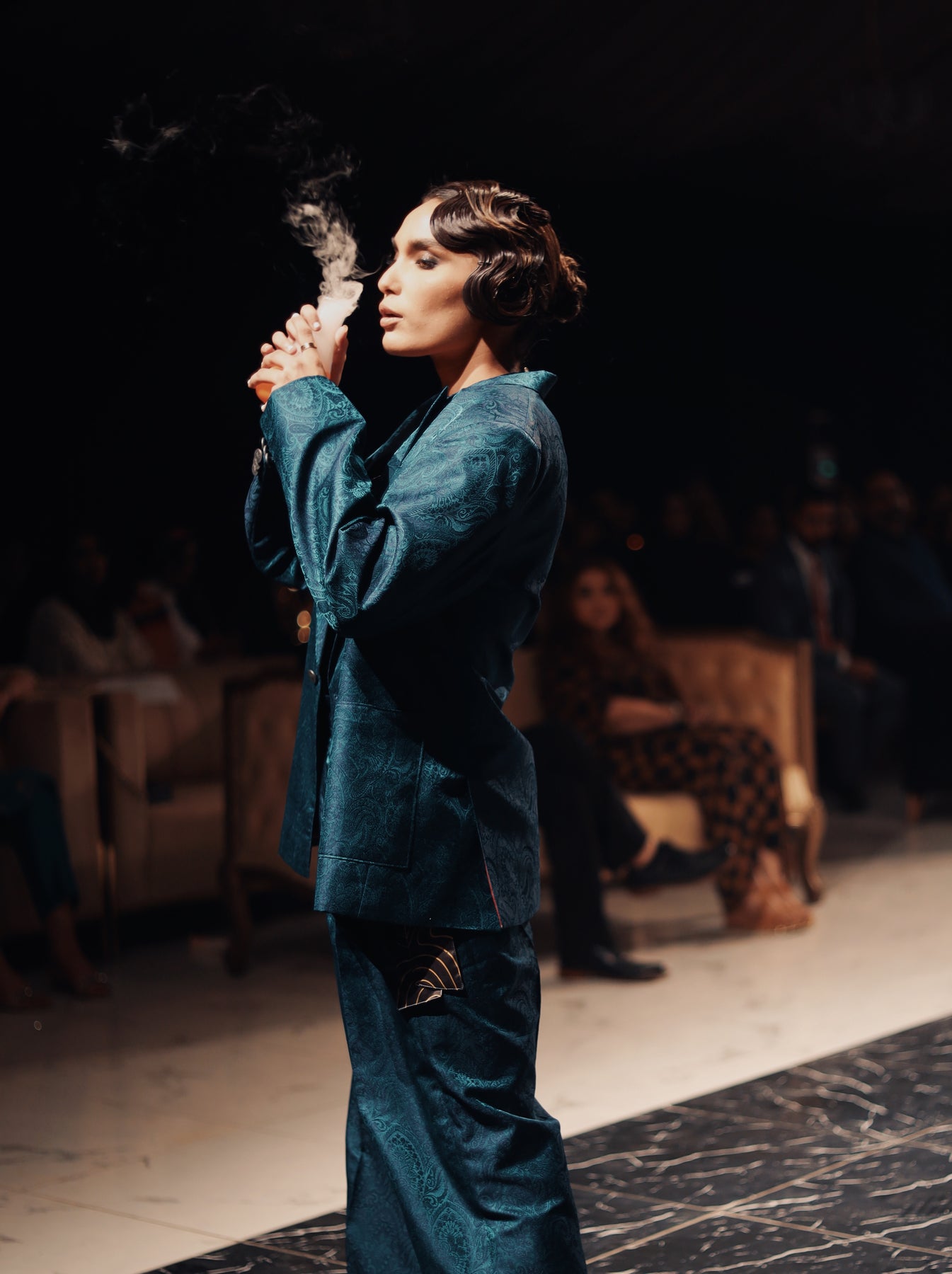 Pakistani Teal Blue Gold Thread Jamawar Jacket & Pants (3-Piece) - Image 4