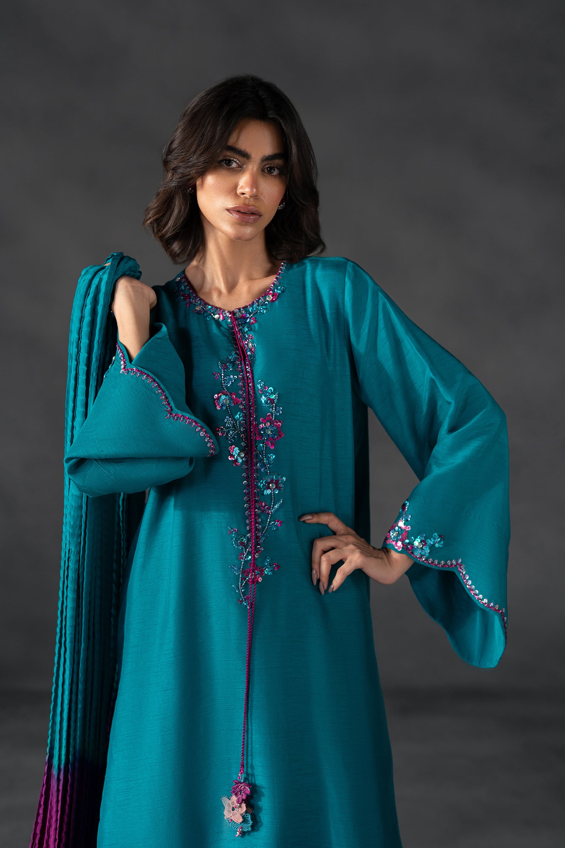 Teal Embellished Blended Silk Kaftan (3-Piece) - Image 2