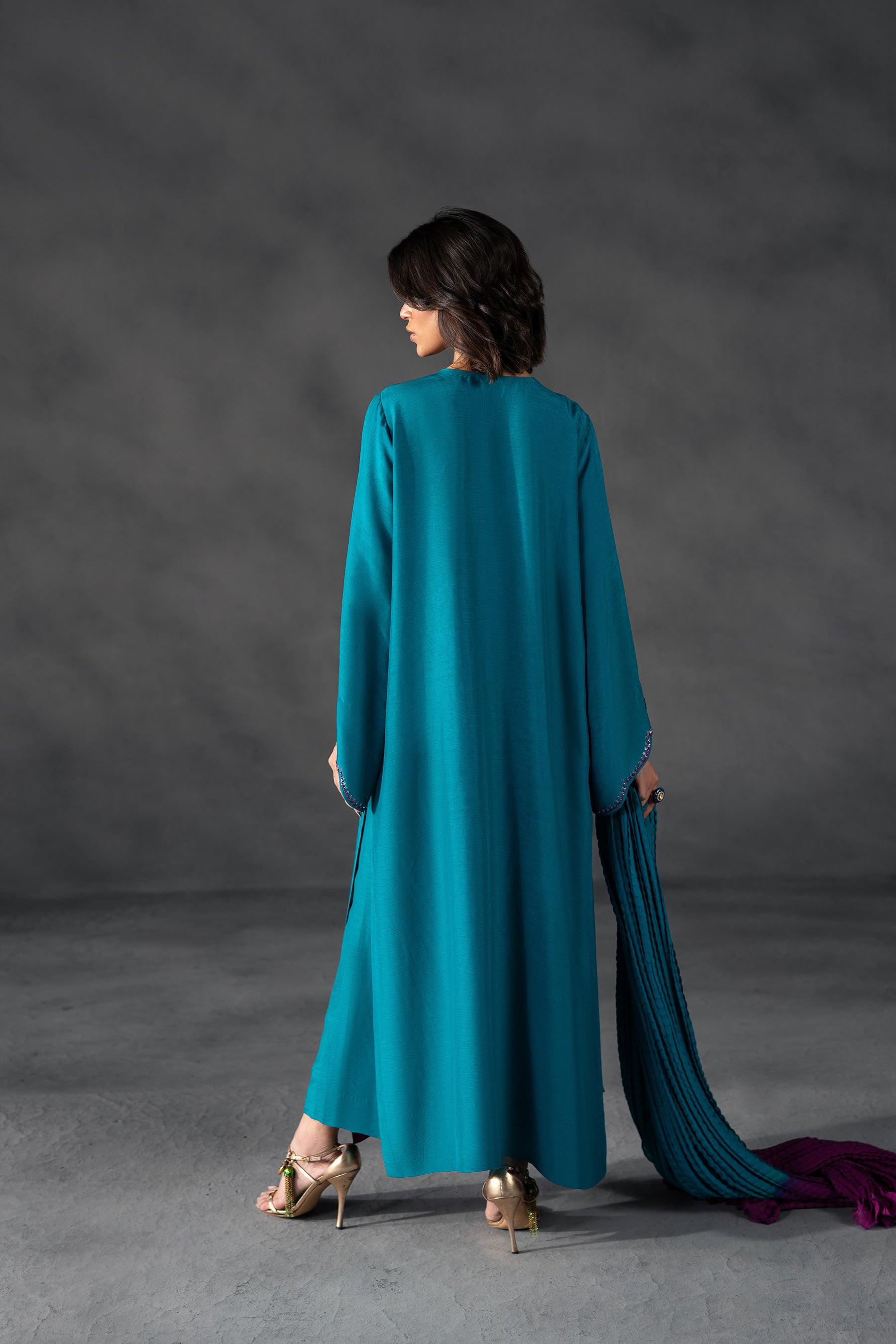 Teal Embellished Blended Silk Kaftan (3-Piece) - Image 3