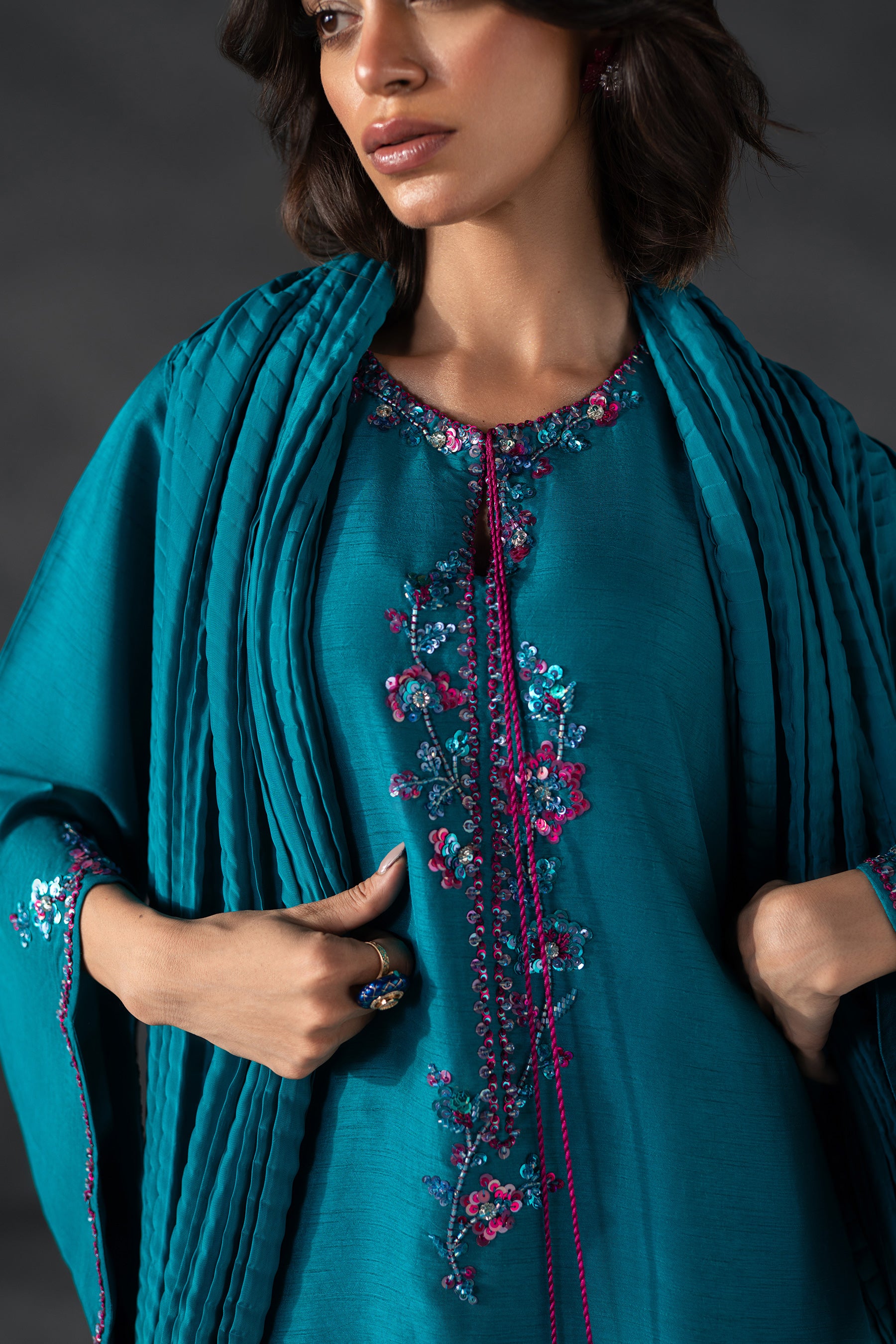 Teal Embellished Blended Silk Kaftan (3-Piece) - Image 4