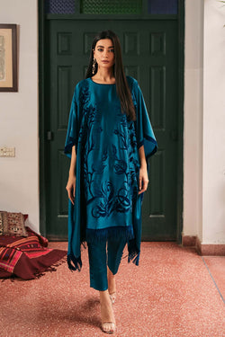 Teal Burnout Velvet Chamois Silk Kaftan (2-Piece) - Image 1