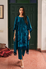 Teal Burnout Velvet Chamois Silk Kaftan (2-Piece) - Image 2