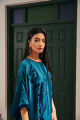 Teal Burnout Velvet Chamois Silk Kaftan (2-Piece) - Image 4