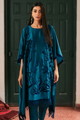 Teal Burnout Velvet Chamois Silk Kaftan (2-Piece) - Image 5