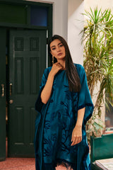 Teal Burnout Velvet Chamois Silk Kaftan (2-Piece) - Image 6