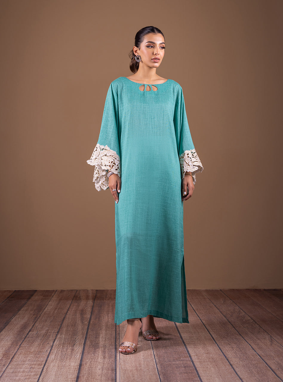 Teal Crochet Lace Irish Linen Kaftan (1-Pc) - Image 1