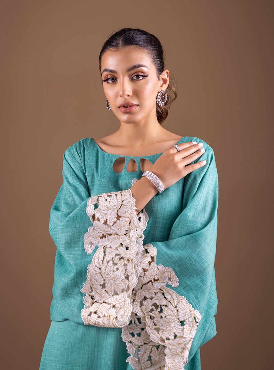Teal Crochet Lace Irish Linen Kaftan (1-Pc) - Image 2