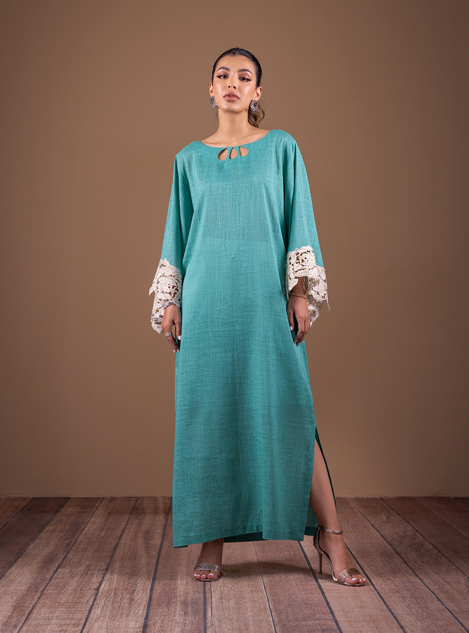 Teal Crochet Lace Irish Linen Kaftan (1-Pc) - Image 3