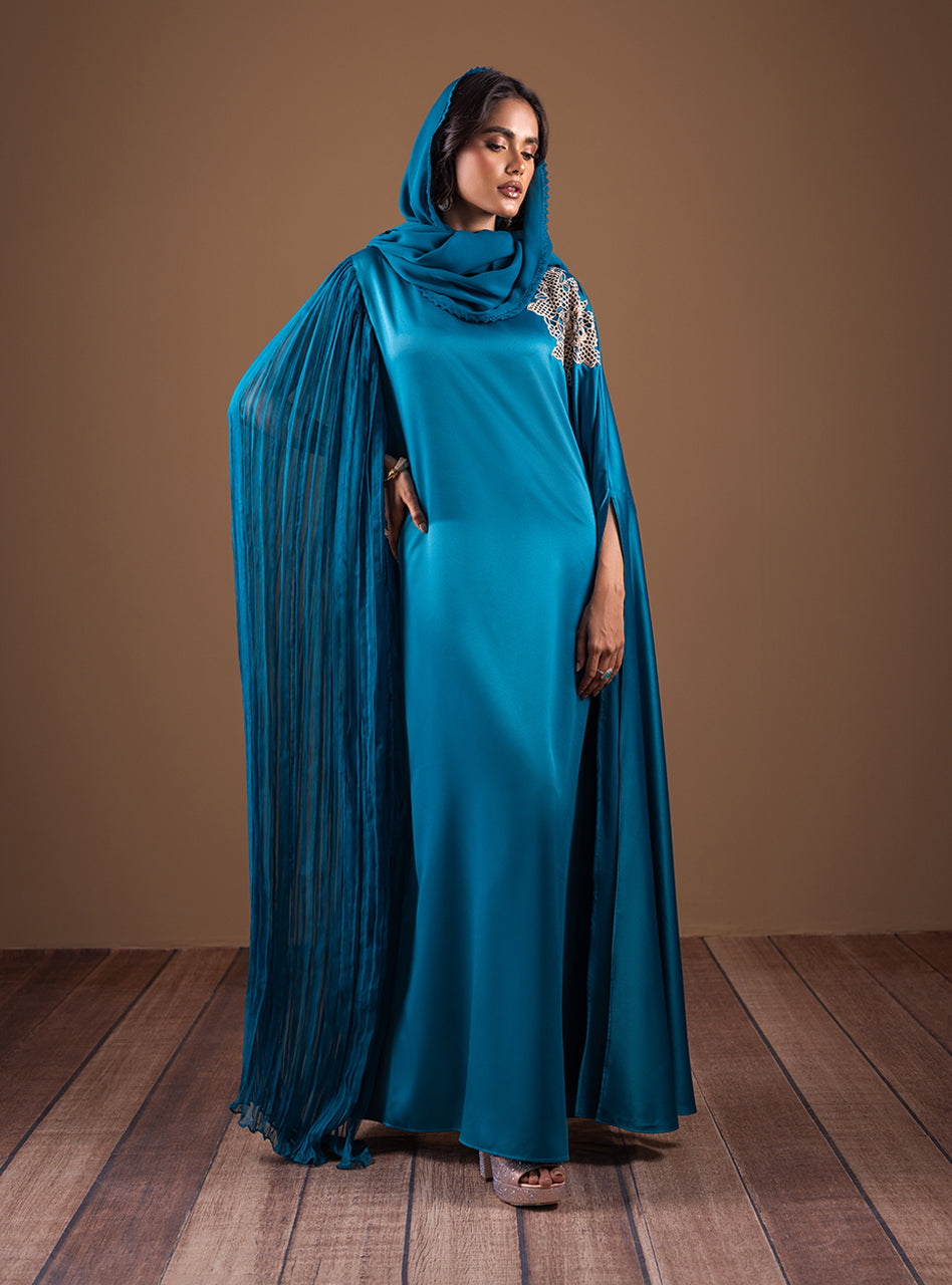 Pakistani Teal Embellished Shamose Silk Kaftan (2-Piece) - Image 1