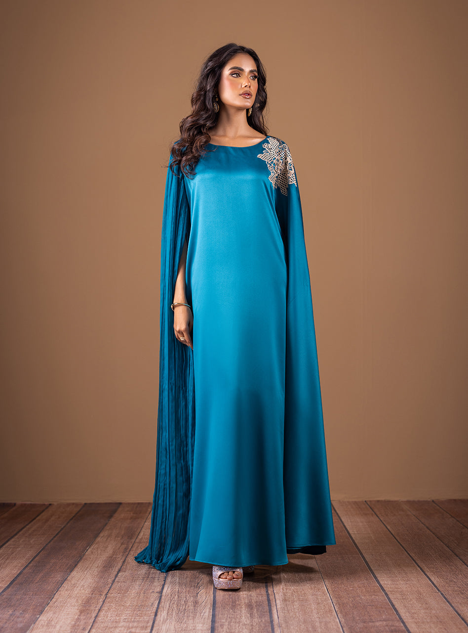 Pakistani Teal Embellished Shamose Silk Kaftan (2-Piece) - Image 2