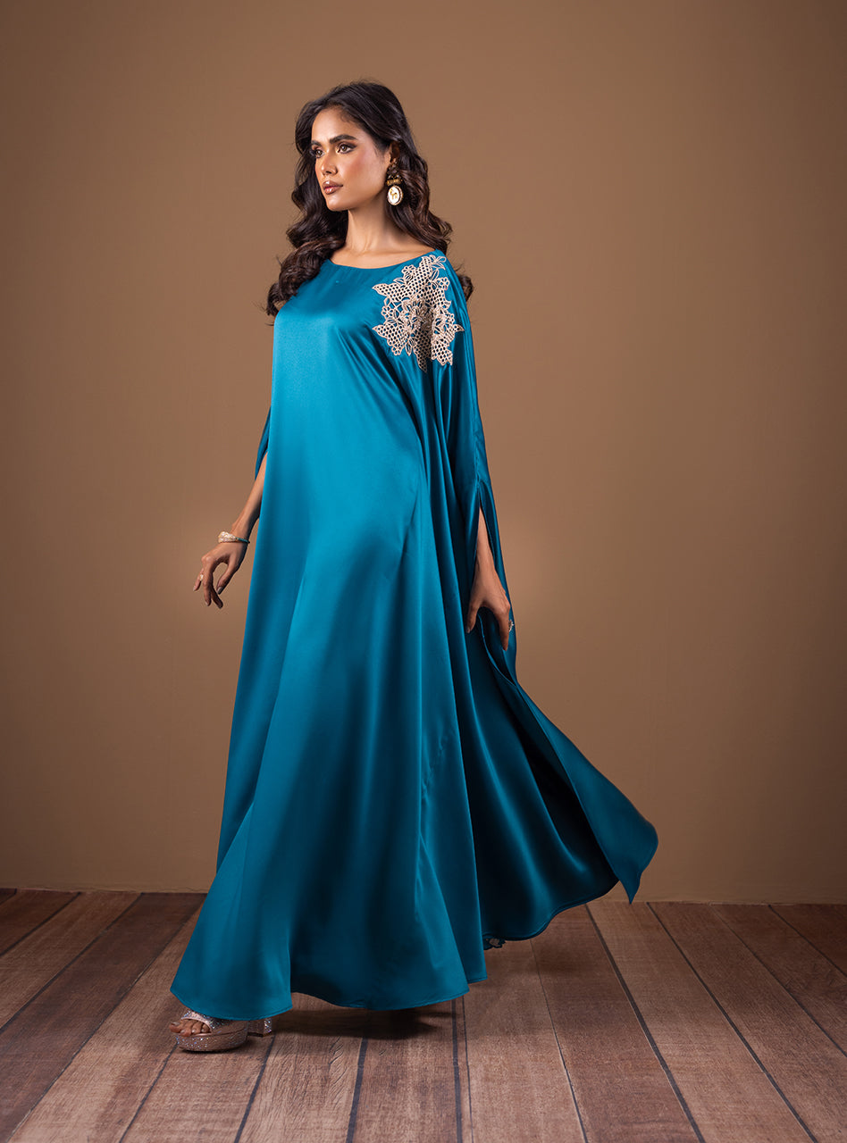 Pakistani Teal Embellished Shamose Silk Kaftan (2-Piece) - Image 3