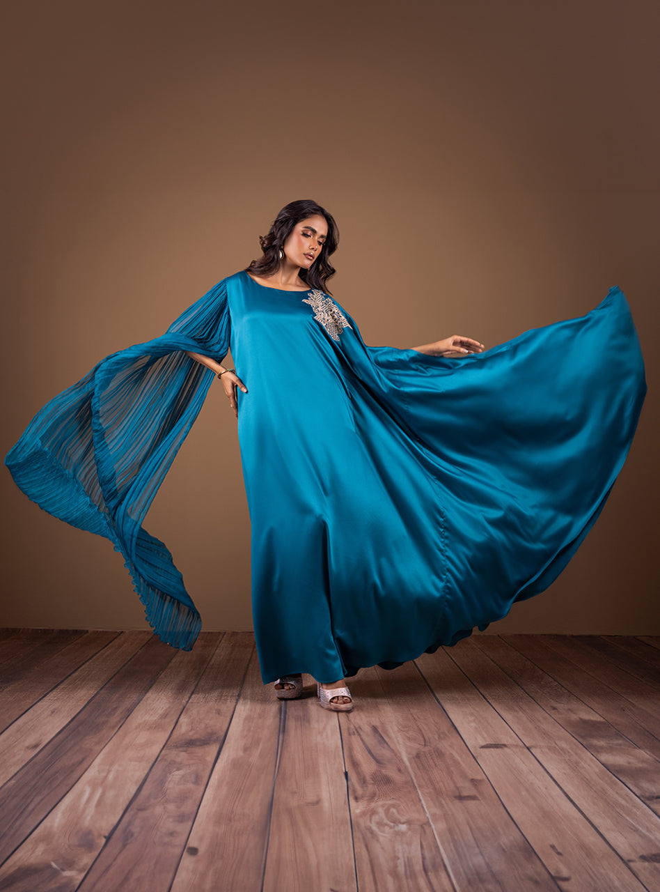 Pakistani Teal Embellished Shamose Silk Kaftan (2-Piece) - Image 4