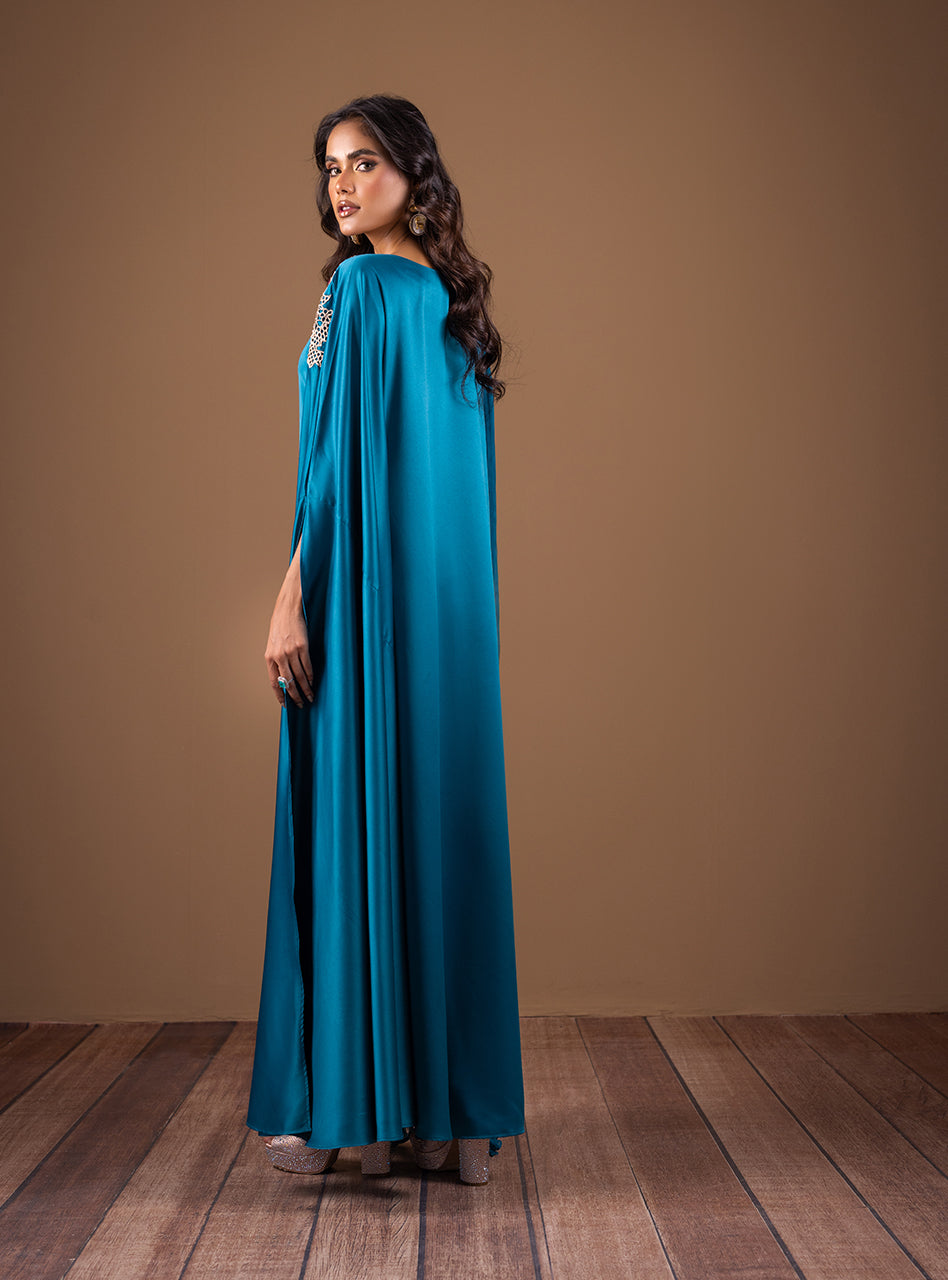 Pakistani Teal Embellished Shamose Silk Kaftan (2-Piece) - Image 5