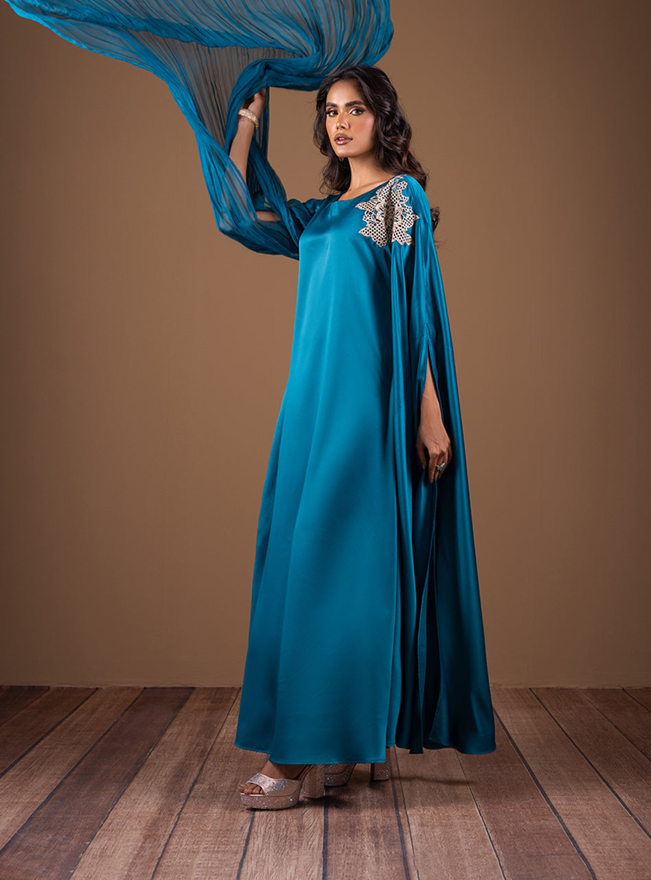 Pakistani Teal Embellished Shamose Silk Kaftan (2-Piece) - Image 6