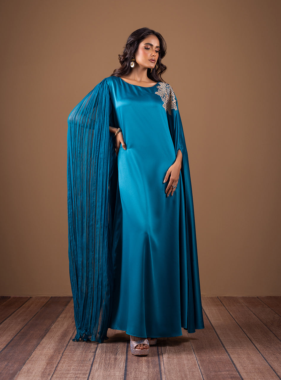 Pakistani Teal Embellished Shamose Silk Kaftan (2-Piece) - Image 8