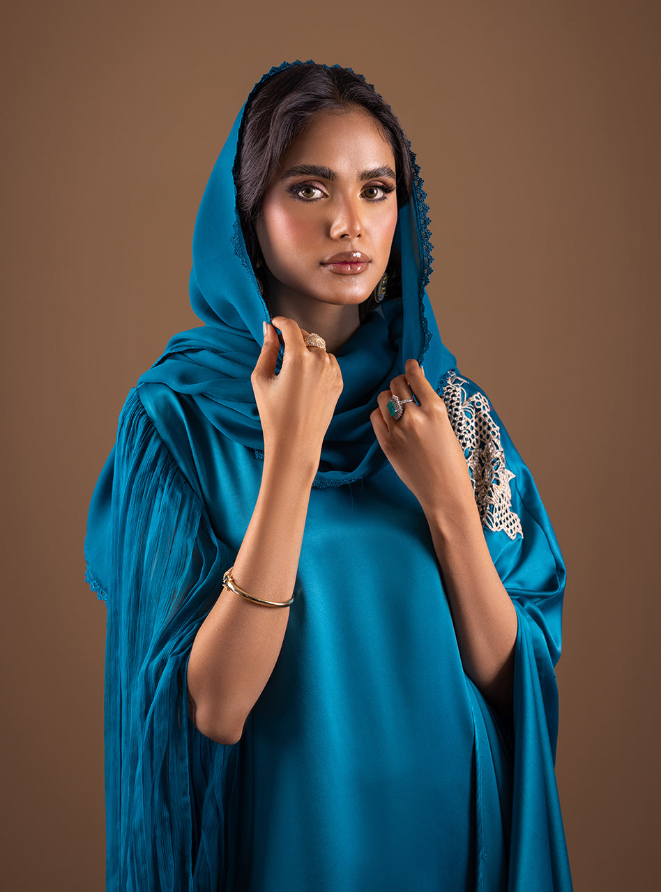 Pakistani Teal Embellished Shamose Silk Kaftan (2-Piece) - Image 9