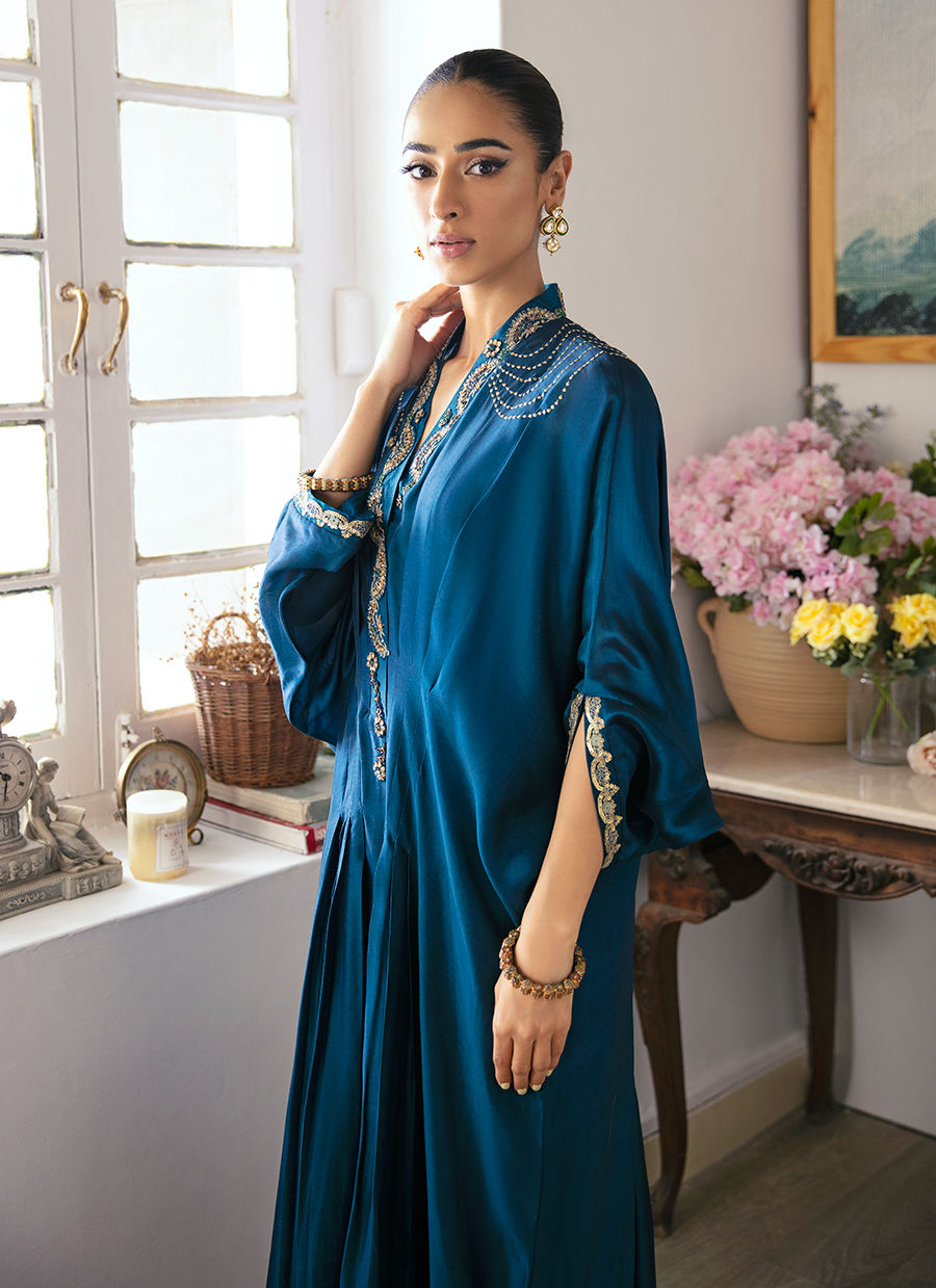 Deep Teal Embellished Silk Kaftan (1-Pc) - Image 1