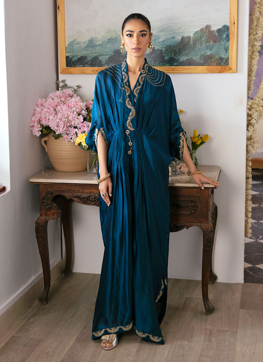 Deep Teal Embellished Silk Kaftan (1-Pc) - Image 2
