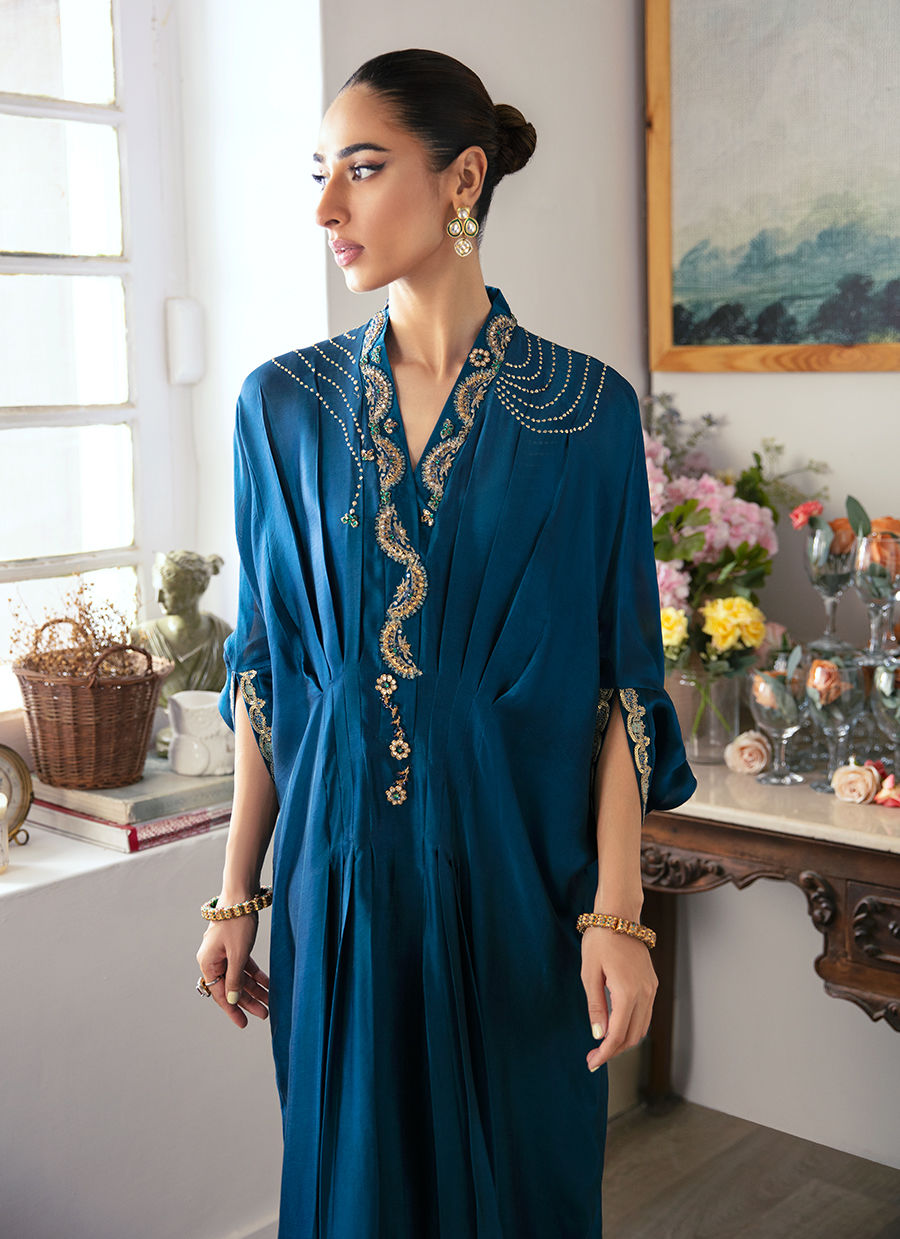 Deep Teal Embellished Silk Kaftan (1-Pc) - Image 4